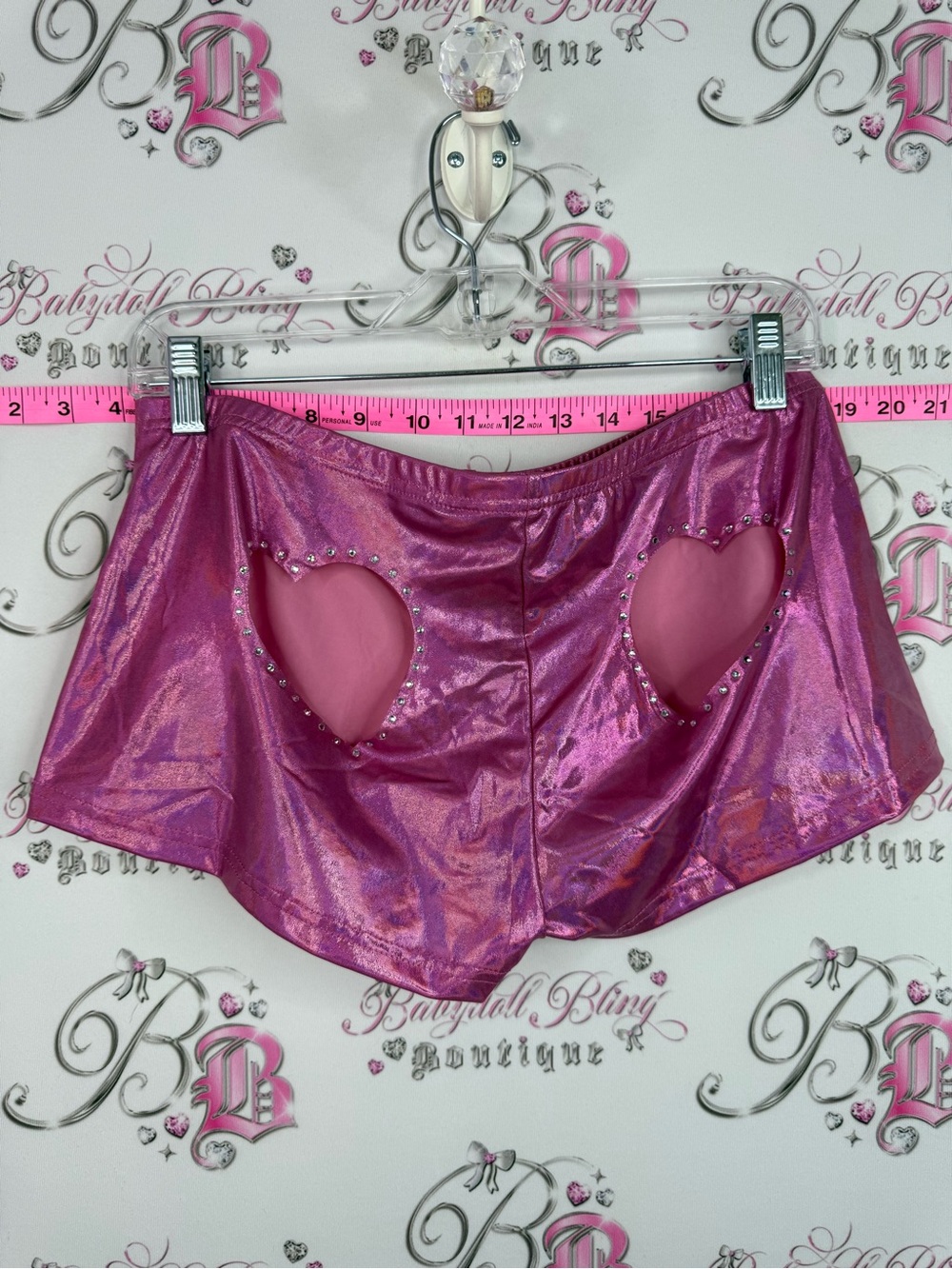 SHEIN heart cut out back rhinestone Metallic Pink Iridescent Lounge Shorts sexy
